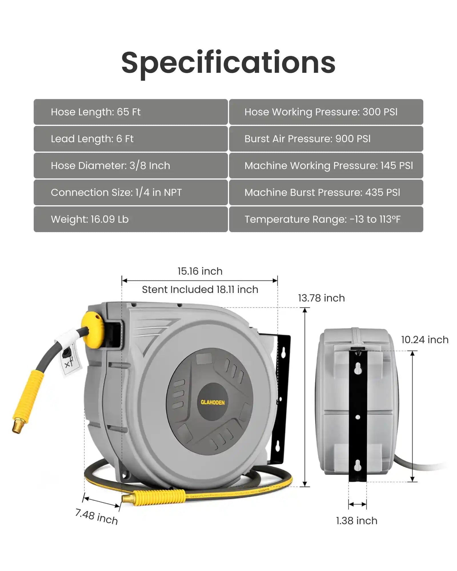 Retractable Air Hose Reel-PP Housing-3/8in