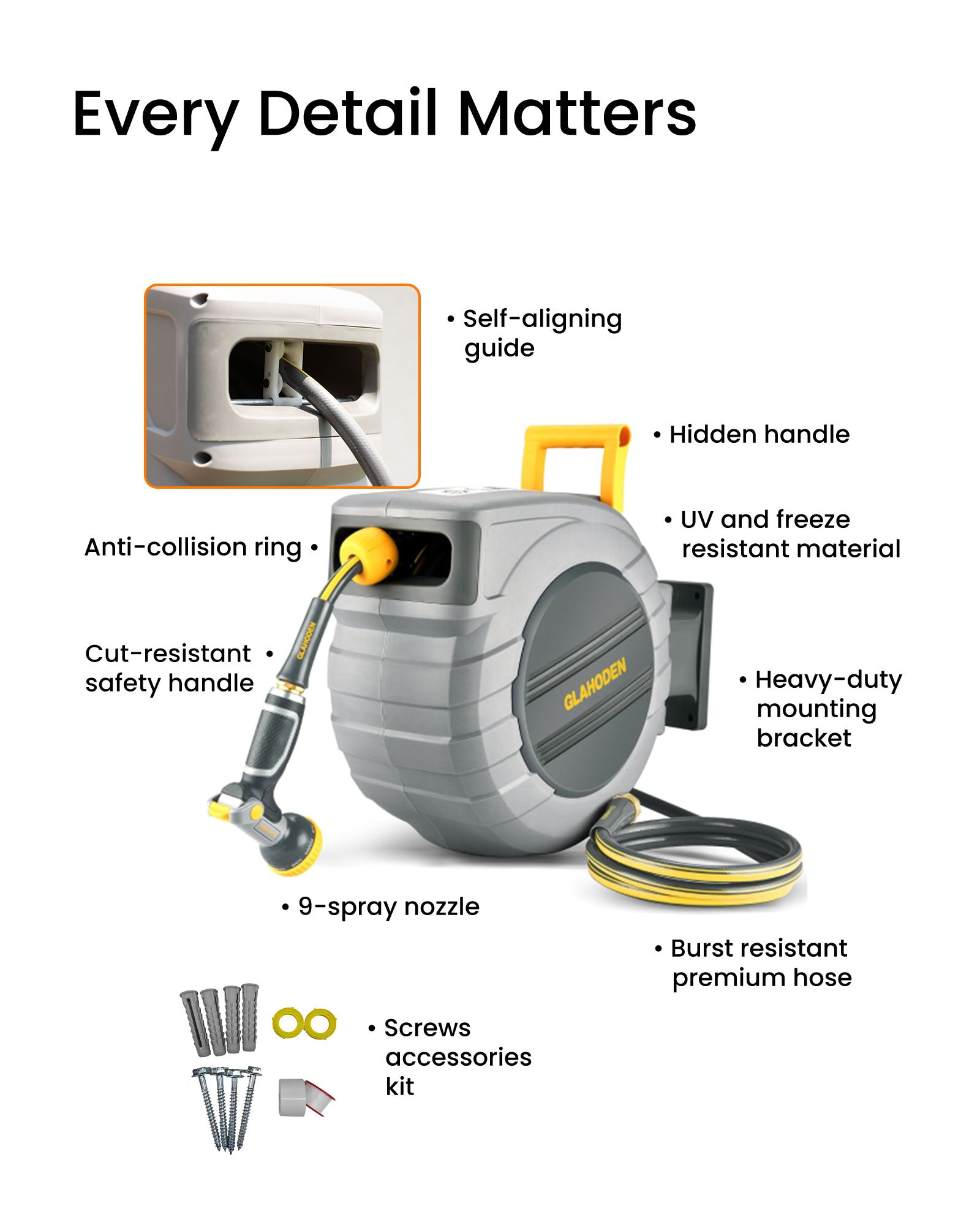 Glahoden J Series Retractable Garden Hose Reel - Light Gray