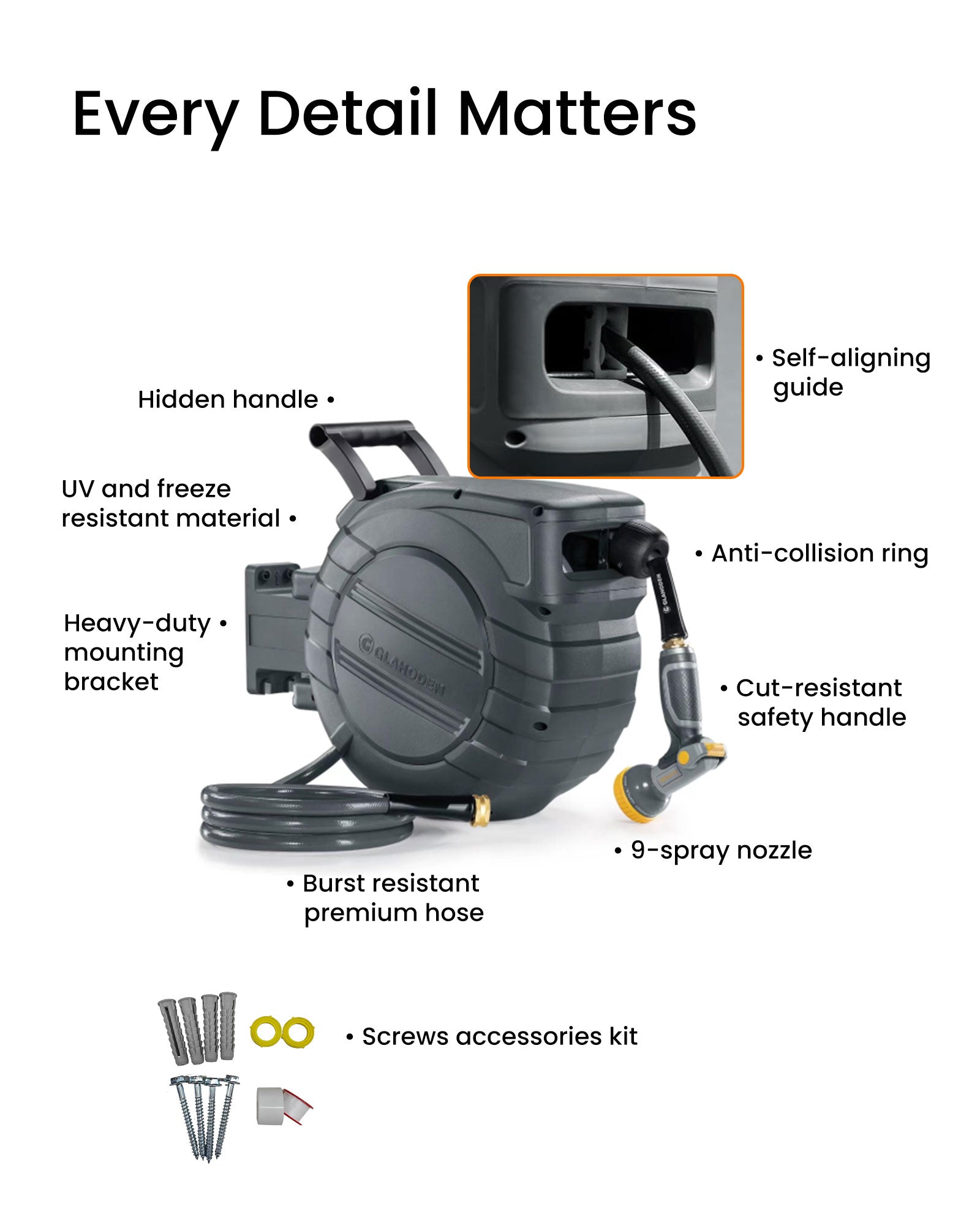 Glahoden J Series Retractable Garden Hose Reel - Dark Gray
