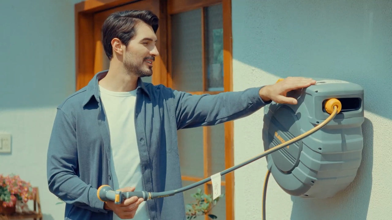 Glahoden garden hose reel in use