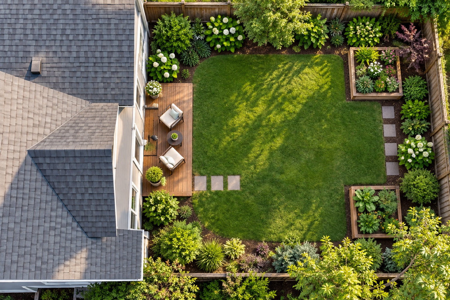 Illustrative aerial view of an everyday backyard with a patio, lawn, and raised flower beds
