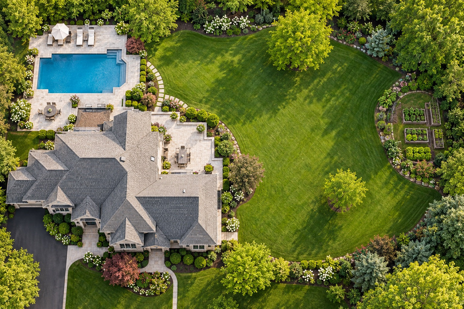 Illustrative aerial view of a large home with an expansive lawn, pool, and landscaped garden borders
